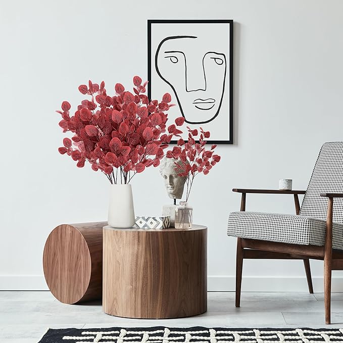 Sggvecsy Artificial Eucalyptus Leaves, 6 Pieces, 35.43 Inch Long, Red Color, Plastic and Silk Material, Easy to Bend and Adjust