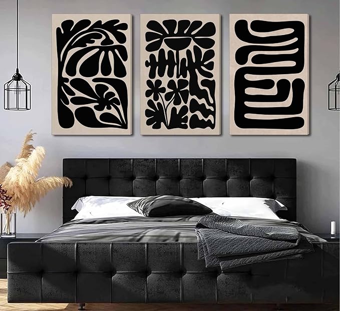 3 Pcs Boho Abstract Floral Canvas Wall Art Mid Century Modern Minimalist Black Neutral Flower Botanical Picture Wall Decor Poster Print Artwork for Living Room Bedroom Home Decoration