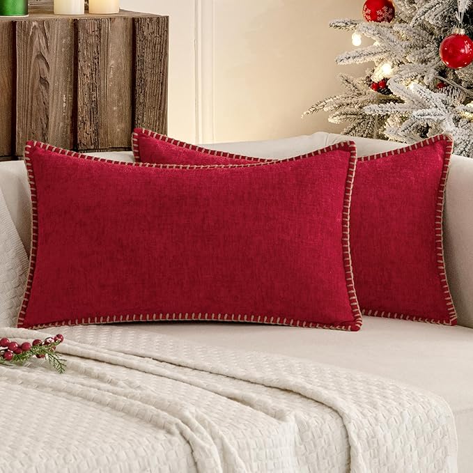 MIULEE Pack of 2 Christmas Pillow Covers 12x20 Inch Red Farmhouse Decorative Throw Pillow Covers with Stitched Edge Soft Chenille Solid Dyed Couch Pillow Covers for Sofa Bed Living Room