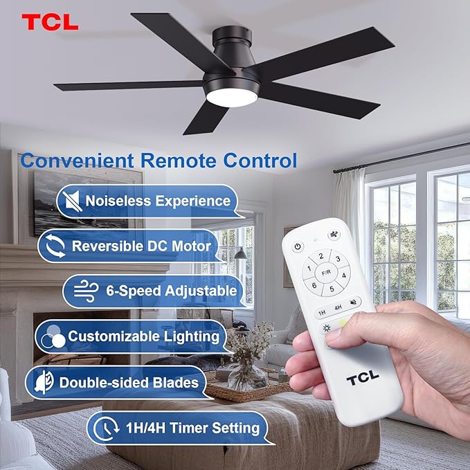 TCL 52" Ceiling Fan with Lights, Black Flush Mount Ceiling Fans with Remote Control, 6 Speeds DC Reversible, Dimmable, Noiseless, Low Profile Ceiling Fans for Bedroom
