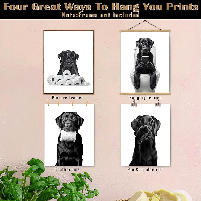 FITIE Funny Black Labrador Retriever Bathroom Wall Art Posters Set of 4, Dog Bathroom Decor, Toilet Humorous Black Lab Dog Canvas Prints Artwork Wall Decor for Bath Wash Room, 8x10 Unframed