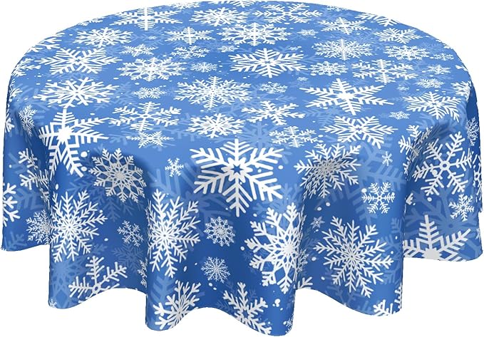 Winter Blue Snowflakes Round Tablecloth Blue and White Round Christmas Table Cover 60 Inch Washable Xmas Holiday Table Cloth for Home Kitchen Dining Room Patio Picnic Party Indoor Outdoor Decor