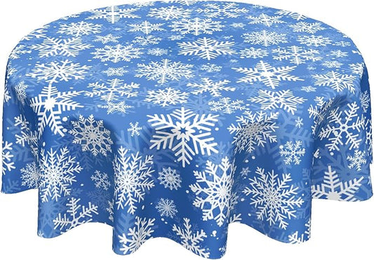 Winter Blue Snowflakes Round Tablecloth Blue and White Round Christmas Table Cover 60 Inch Washable Xmas Holiday Table Cloth for Home Kitchen Dining Room Patio Picnic Party Indoor Outdoor Decor