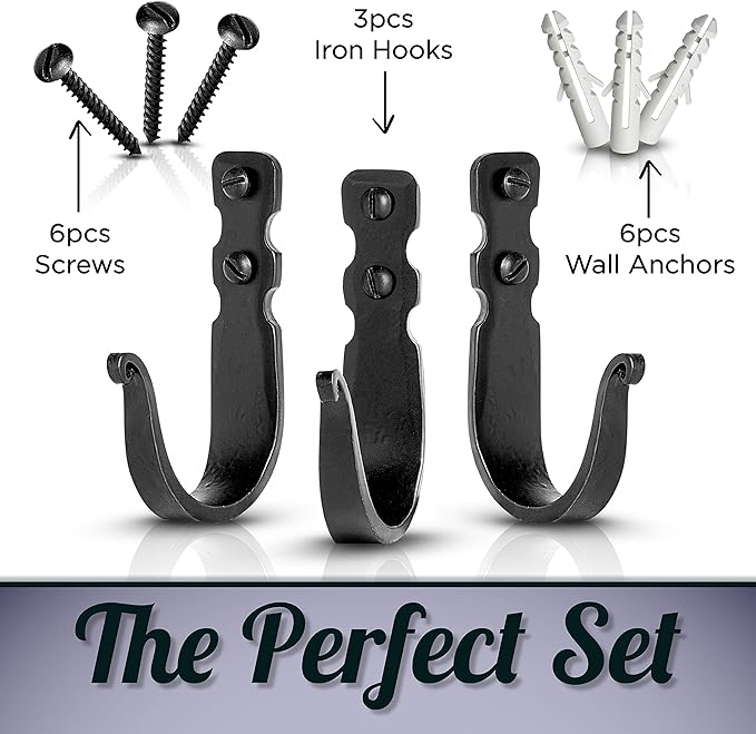 Decorative Hooks for Wall - Metal Wall Hooks for Hanging Coats, Hats & Bags, Rustic Towel Hooks for Bathrooms or Kitchen - Wrought Iron Farmhouse Hangers - Pack of 3, Black - 3.3x2x0.8 Inches