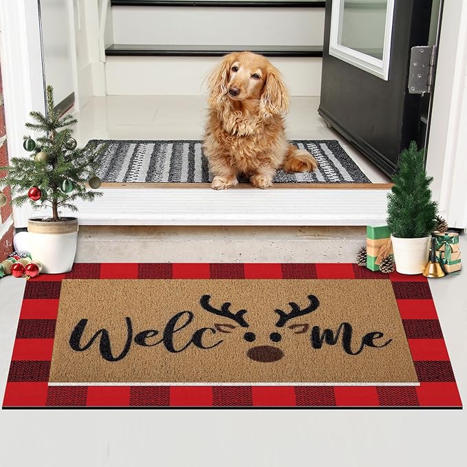 2 Pcs Christmas Door Mat Brown Elk Welcome Non Slip Coir Mats Merry Xmas Black Red Buffalo Plaid Floor Layering Doormats Seasonal for Front Porch Entryway Decor(Brown Elk)