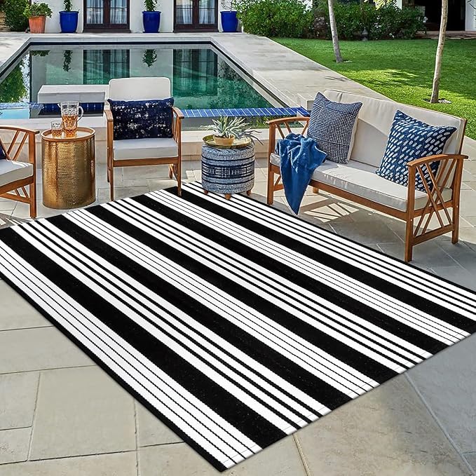 OJIA Black and White Outdoor Rug 4x6 ft Cotton Woven Patio Rug Machine Washable Front Door Mat Indoor/Outdoor Area Rugs Floor Mat for Farmhouse/Front Porch/Lawn/Living Room