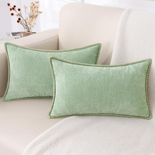 decorUhome Christmas Chenille Soft Throw Pillow Covers 12x20 Set of 2, Lumbar Velvet Farmhouse Neutral Decorative Euro Pillow Covers with Stitched Edge for Couch Sofa Bed Home Decor, Sage Green