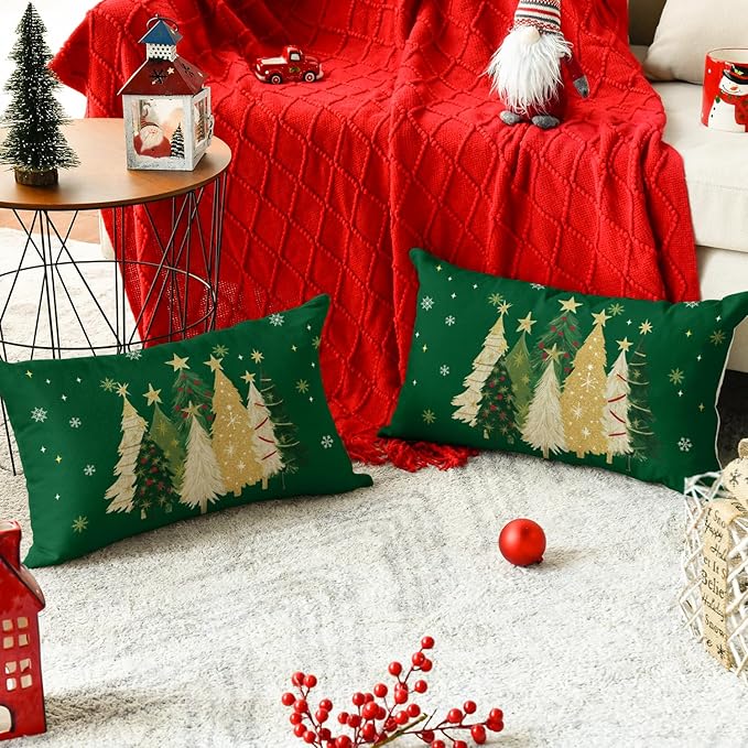 AVOIN colorlife Christmas Trees Star Green Throw Pillow Covers Set of 2, 12 x 20 Inch Snowflake Seasonal Winter Holiday Cushion Case Decoration for Sofa Couch