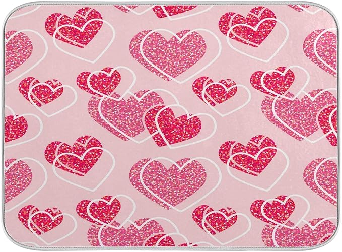 Happy Valentines Day Hearts Dish Drying Mat 16 X 18 Inch Stars Romantic Red Pink Glitter Love Heart Dry Dishes Pads Drainer Mats Tableware Protector for Home Kitchen Countertops Counter Decorations