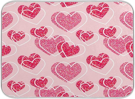Happy Valentines Day Hearts Dish Drying Mat 16 X 18 Inch Stars Romantic Red Pink Glitter Love Heart Dry Dishes Pads Drainer Mats Tableware Protector for Home Kitchen Countertops Counter Decorations