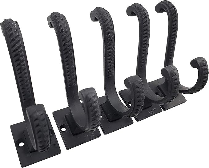 Claimed Corner Iron Scroll Coat Hooks - Wall Mounted Rustic Farmhouse Cast Iron DIY Coat Towel Hat Scarf Bag Hook - 5 Pack (Black)