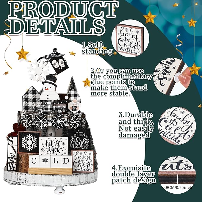 17 Pcs Christmas Tiered Tray Decor Set Winter Tiered Tray Decorations Farmhouse Tabletop Centerpiece Christmas Wooden 3D Sign for Xmas Home Buffalo Plaid Rustic Table Decoration(Cool)