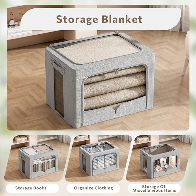 3 Pack Clothes Storage Bins Foldable Metal Frame Storage Box Stackable Linen Fabric Organizer Set with Carrying Handles and Clear Window (Light Gray, 15.7x11.8x11.8inch(36L))
