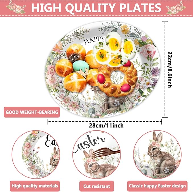 Happy Easter Oval Paper Plates Vintage Bunny Rabbit Flower Plates and Napkins Party Decorations Easter Floral Party Supplies 11inch Heavy Duty Dish Tray Dinnerware for Spring Picnic, 25 Guest