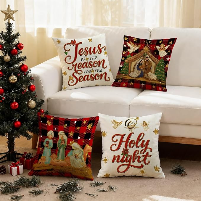 Christmas Holy Night Jesus Cardinal Pillow Covers 18x18 inch Set of 4, Holiday Winter Red Plaid Vintage Xmas White Seasonal Gold Decorations for Sofa Couch