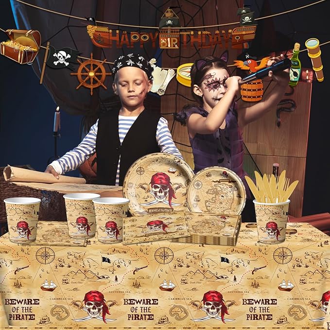 Pirate Party Supplies - 142Pieces Beware of the Pirate Theme Tableware Set Incluedes Pirate Plates,Tablecloth,Napkins Treasure Map Theme Decorations for Baby Shower Party,Adventure Party