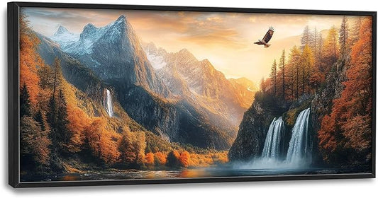 Large Mountain Waterfall Wall Art for Living Room, Forest Tree Canvas Wall Decor, Sunset Eagle Pictures Framed Painting, Natural Landscape Artwork for Bedroom Office 60L'' × 30W''