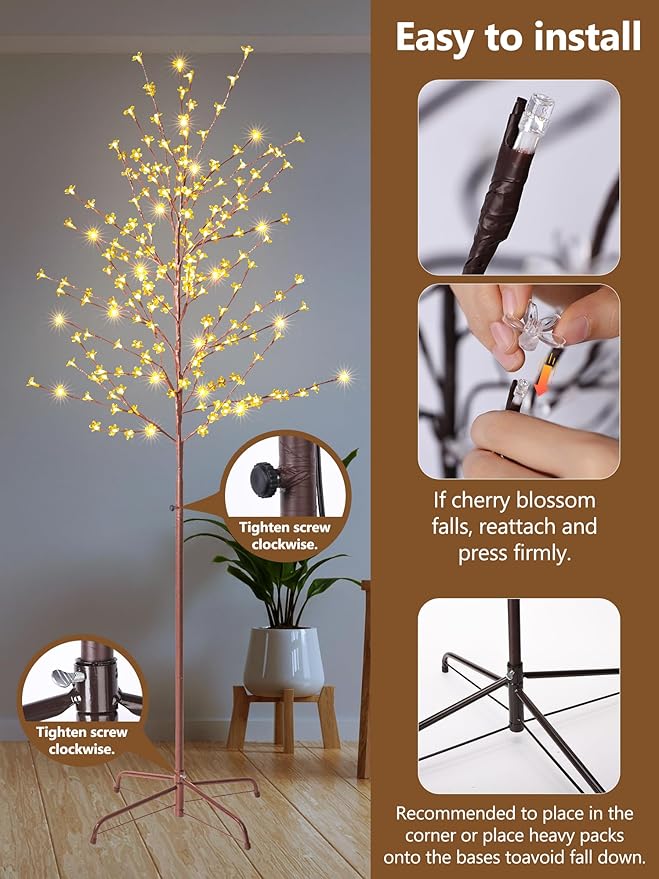 Lomotech Lighted Cherry Blossom Tree - 4Ft 6Ft 7Ft, Set of 3, Color Changing Artificial Tree with 11 Modes Timer for Indoor Outdoor Party Holiday Christmas Decorations(Warm White to Multicolor)