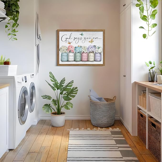 Wood Framed Inspirational Bible Verse Wall Art, Christian God Says You Are Wall Decor Paintings, Farmhouse Scripture Mason Jar Flower Pictures Posters Prints for Bathroom Bedroom Home Decor 12x16 Inch