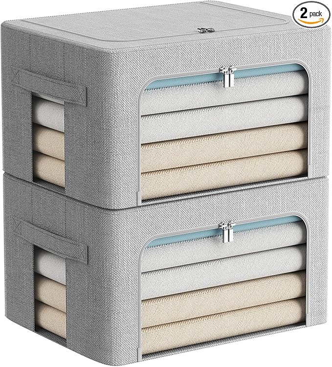 2 Pack Clothes Storage Bins Stackable Metal Frame Storage Box Foldable Linen Fabric Organizer with Carrying Handles and Clear Window (Light Gray, 15.7x 11.8x 7.8Inch)