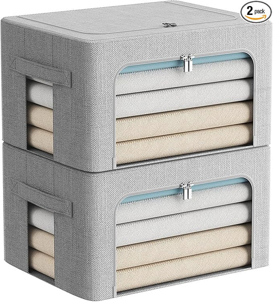 2 Pack Clothes Storage Bins Stackable Metal Frame Storage Box Foldable Linen Fabric Organizer with Carrying Handles and Clear Window (Light Gray, 15.7x 11.8x 7.8Inch)