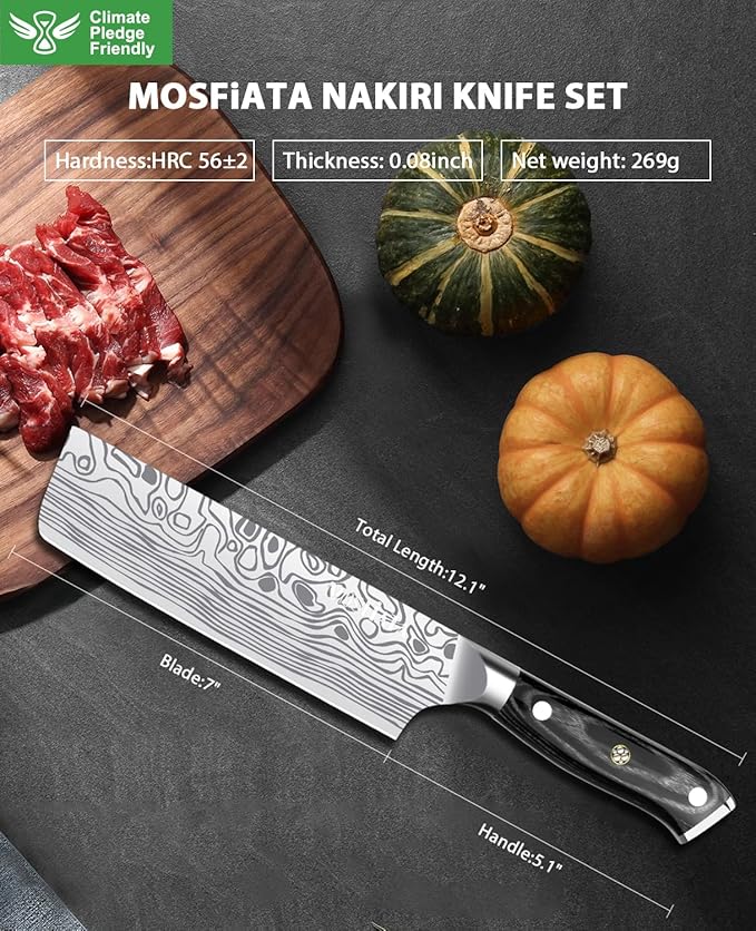 MOSFiATA 7” Nakiri Chef's Knife with Finger Guard, German High Carbon Stainless Steel EN1.4116 Vegetable Knife, Multipurpose Kitchen Knife with Micarta Handle in Gift Box