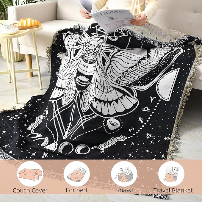 Boho Throw Blanket Reversible Cotton Bohemian Tapestry Hippie Room Decor Double Sided (Month Moth Black 50"x60")