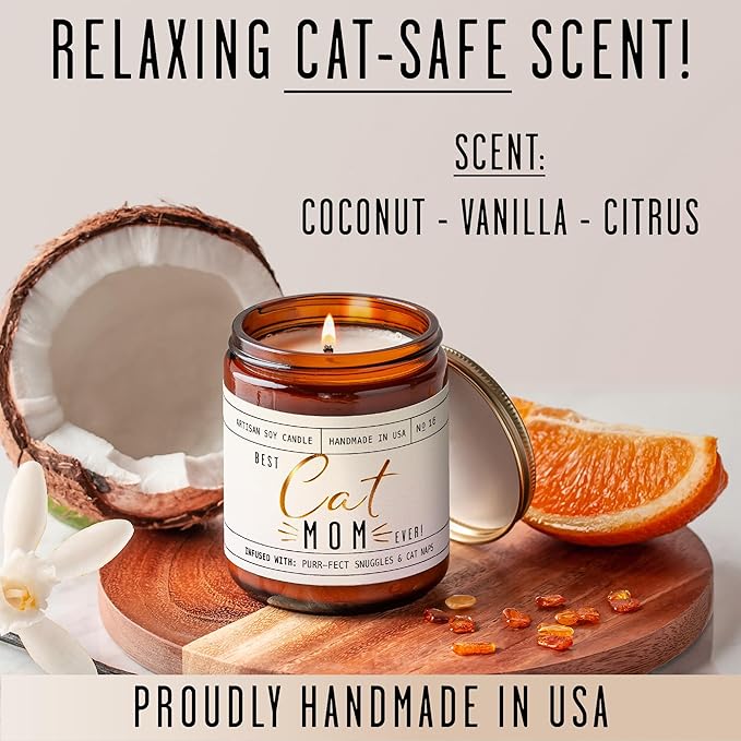 Cat Mom Gifts, Cat Gifts for Women Unique, Cat Lover Gifts for Women - 'Best Cat Mom Ever' Candle, w/Vanilla, Coconut & Vetiver I Cat Decor Themed I Cat Gifts for Cat Lovers I 50Hr Burn, USA Made