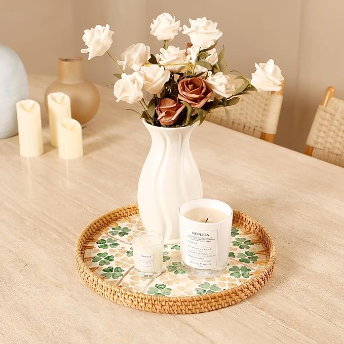 Round Rattan Tray with Mother of Pearl Inlay & Wooden Base - Decorative Wicker Serving Tray for Coffee/Bread/Fruits, Food Storage & Display - Multipurpose Home Decor (L,Four-Leaf Clover)