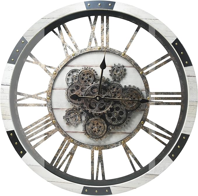 27" Large Real Moving Gears Wall Clock with Toughened Glass Cover Solid Wood Retro Metal Skeleton Oversized Vintage Steampunk Rustic Clock for Living Room Decor Home Farmhouse Kitchen(Desert Beige)