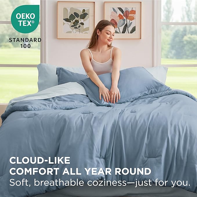 Bedsure King Size Comforter Set - 7 Pieces Grayish Blue King Bedding Set for All Seasons, Boho Contrasting Design Bed in a Bag with Comforter, Sheets, Pillowcases & Shams