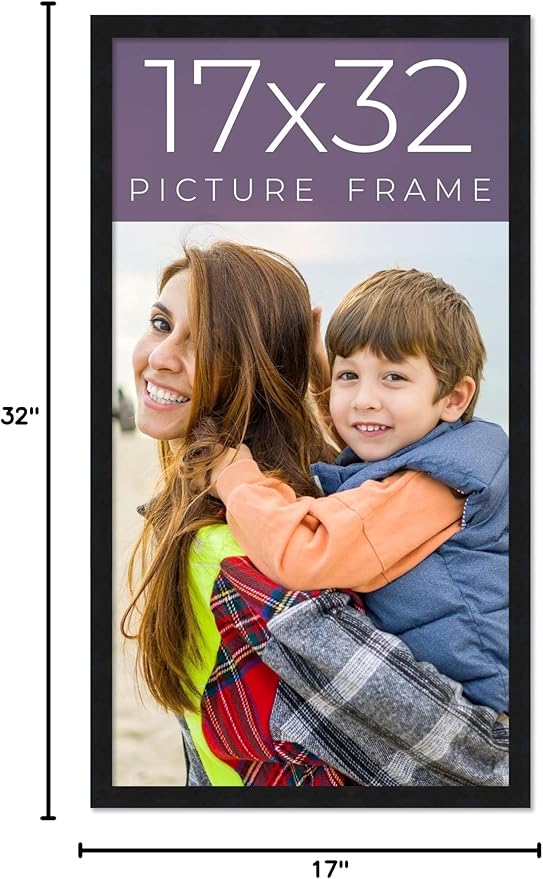 17x32 Frame Black Real Wood Picture Frame Width 0.75 Inches | Interior Frame Depth 0.5 Inches | Noir Classique Mid Century Photo Frame Complete with UV Acrylic, Foam Board Backing & Hanging Hardware