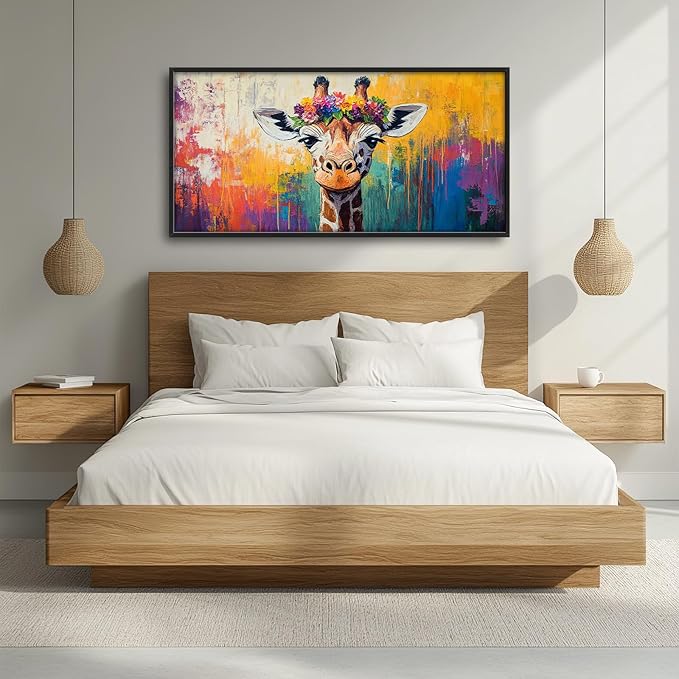 Framed Large Wall Art for Living Room, Banksy Deer Canvas Wall Decor, Large Giraffe Picture Framed Painting, Modern Artwork for Bedroom Office 60L'' × 30W''