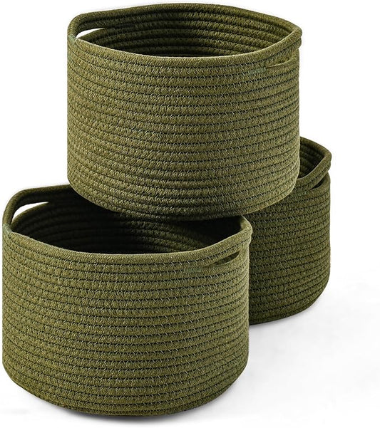 Small Storage Baskets for Organizing, Organizer Baskets for Shelves, Green Woven Basket for Storage Decor, Small Decorative Cotton Rope Basket, 9.7"×9.7"×7" (3 Packs) Green