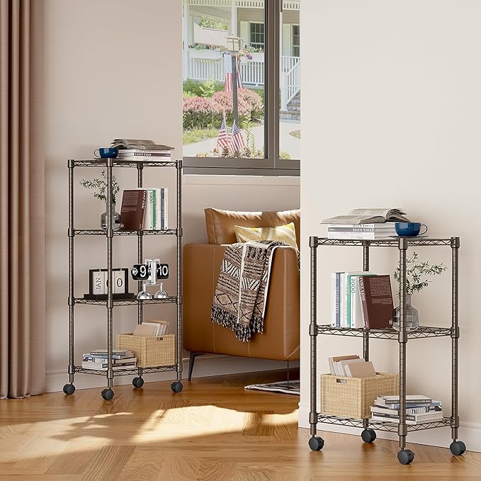 3 Tier Shelf Metal Storage Shelves Wire Rack Closet Organizers with Wheel for Garage Kitchen Bathroom Laundry Brown 11.8" D x 17.7" W x 29.8" H