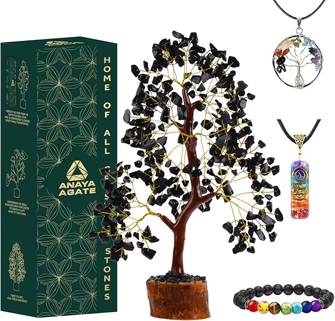 Crystal Tree of Life Black Tourmaline Healing Crystal Trees for Home & Office Decoration, Handmade Gem Money Bonsai Trees for Positive Energy, Christmas Decor, Birthday Gifts for Women, Mom