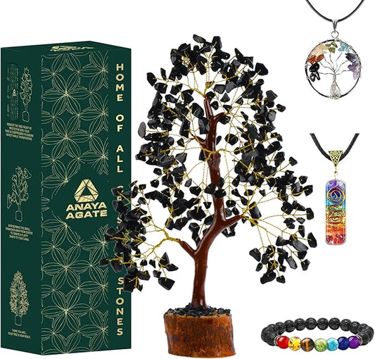 Crystal Tree of Life Black Tourmaline Healing Crystal Trees for Home & Office Decoration, Handmade Gem Money Bonsai Trees for Positive Energy, Christmas Decor, Birthday Gifts for Women, Mom