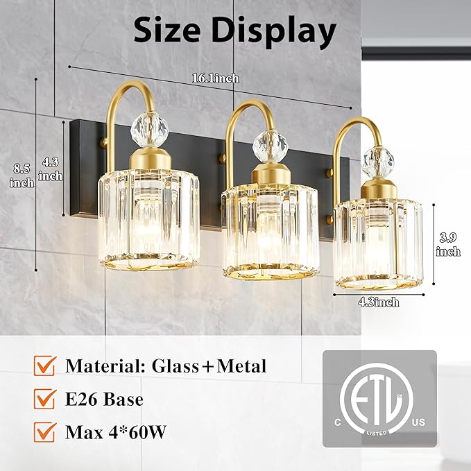 Black Gold 3-Crystal Bathroom Vanity Lights Bundle (Round + Square) - Over Mirror Makeup Lighting for Modern, Farmhouse Baths, Desks & Hallways