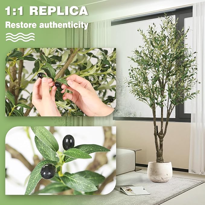 Faux Olive Tree 6ft(72in) Tall Artificial Plant Indoor Decor Large Realistic Potted Fake Modern Greenery with Natural Wood Branches and Green Leaves for Home Living Room,Bedroom,Office Decor.