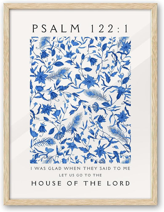 EcoHest OAK Wood Jesus Framed Wall Art, 12x16in Psalm 122:1 Bible Verse Christian Wall Art, Modern Blue Bedroom Decor For Living Room Bathroom Religious Gift 1Pack