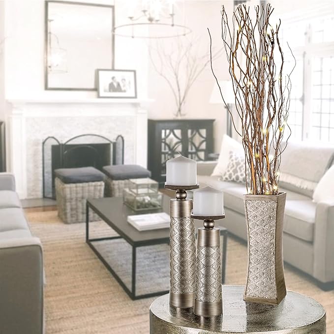 Creative Scents Dublin Silver Decorative Candle Holder Set of 2 - Home Decor Pillar Candle Stand, Coffee Table Mantle Decor centerpieces for Fireplace, Living or Dining Room Table, Gift Boxed