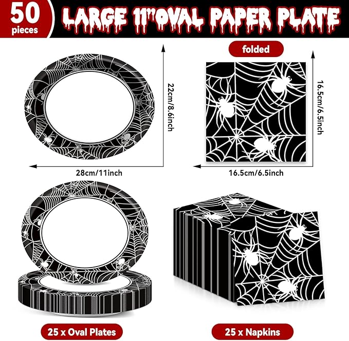 Halloween Party Oval Paper Plates 11inch Large Spider Web Paper Plate and Napkin, Dish Tray Halloween Party Decoration Supplies for Birthday Get Together Celebration Tableware, 25 Guest
