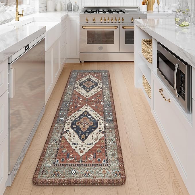 KIMODE Kitchen Runner Rug,17.3" x 59" Anti Fatigue Kitchen Mats for Floor Cushioned,Non-Slip Waterproof Comfort Thick Kitchen Floor Standing Mat for Front Sink,Laundry Room,Vintage Red