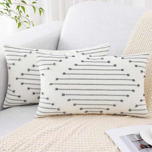 Mecatny Boho Outdoor Throw Pillow Covers 12X20 Set of 2, Farmhouse Lumbar Pillow Covers for Couch Sofa Living Room, Grey & Cream White