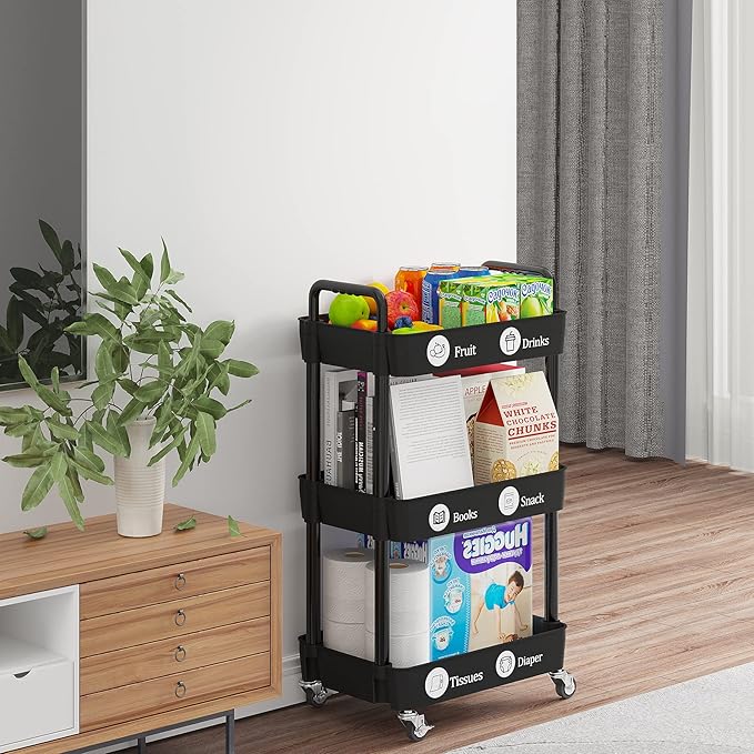 Laiensia 3-Tier Kitchen Storage Cart,Multifunction Utility Rolling Storage Organizer,Mobile Shelving Unit Cart with Lockable Wheels for Bathroom,Laundry,Living Room,With Classified Stickers,Black