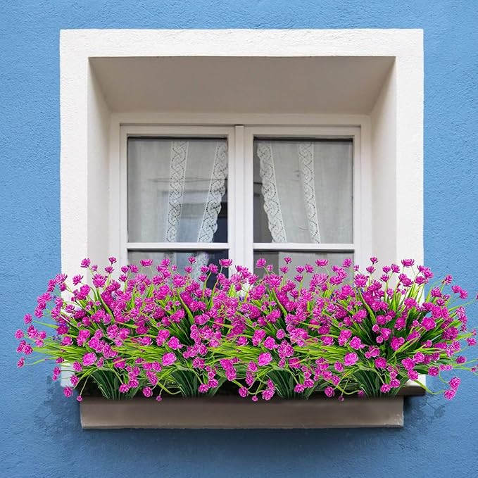 12 Bundles Artificial Flowers for Outdoors Summer Decor, Realistic UV Resistant Fake Plants Faux Plastic Flowers for Outside Planter Home Gardens Patio Porch Yard Spring Cemetery Decor(Magenta)