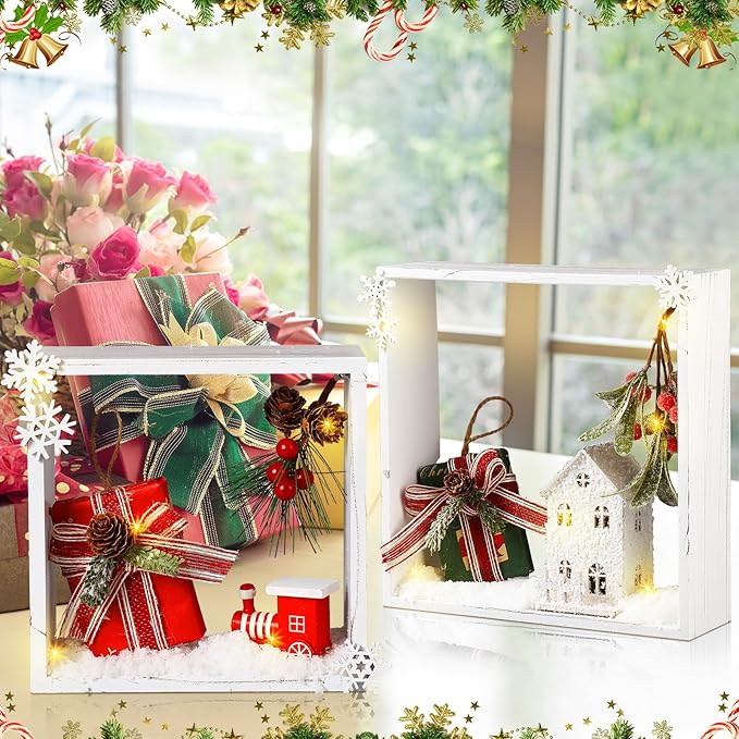 3 Pcs Christmas Wooden Table Decoration Centerpiece Sign Crafts for Farmhouse Desk Coffee Tabletop Fireplace Mantle Bookshelf Tiered Tray Shelf Accents Rustic DIY Ornament(White,Square)