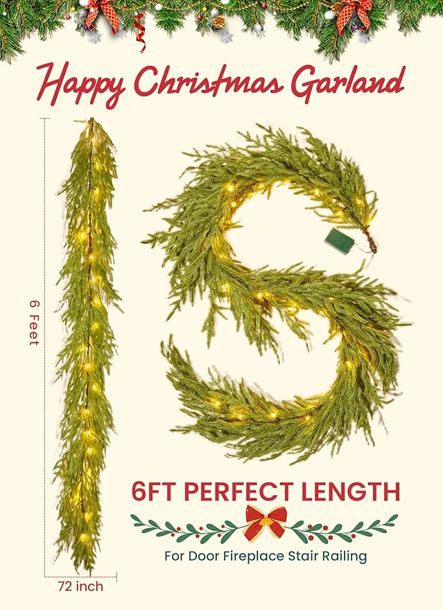 Brightown Pre-lit Christmas Garland with Lights, 6 Feet 20 LED Lighted Green Pine Leaves Garland Decorated, Battery Operated, Indoor & Outdoor Christmas Lights for Mantle Fireplace Stairs Wall Door