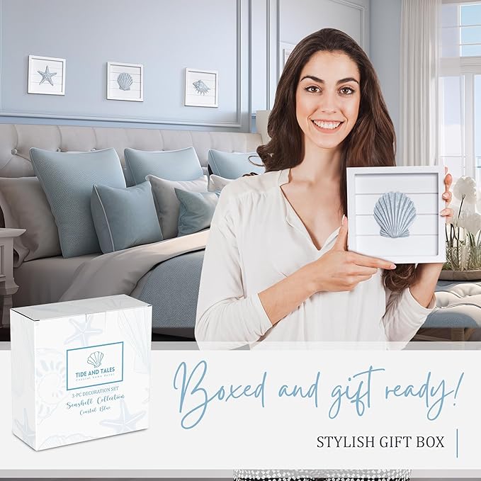 TideAndTales Blue Seashells and Starfish (Framed Set of 3) Coastal 3D Wall Art, Beach Wall Decor for Bathroom or Coastal Bedroom, Ocean Inspired Seaside Decorations for Home or Beach House (7"x7")