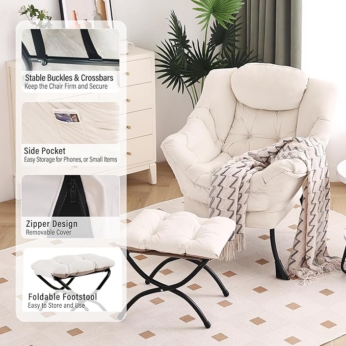 Lazy Chair with Ottoman, Modern Chair with Folding Footrest, Lounge Accent Chair, Comfortable Reading Chair, Oversized Armchairs for Bedroom, Study, Living Room, Courtyard (Beige)